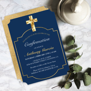 Elegant Navy Blue Gold Cross Boys Confirmation Invitation