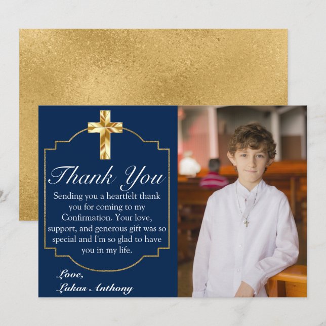 Elegant Navy Blue Gold Cross Confirmation Thank You Card (Front/Back)
