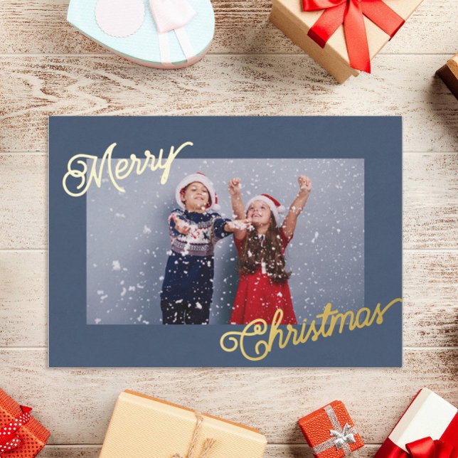    Elegant Navy Blue & Gold Custom Photo Christmas Foil Holiday Card (Creator Uploaded)