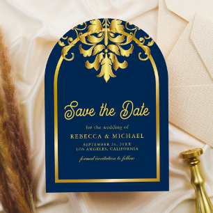 Elegant Navy Blue Gold Damask Wedding Photo Save The Date