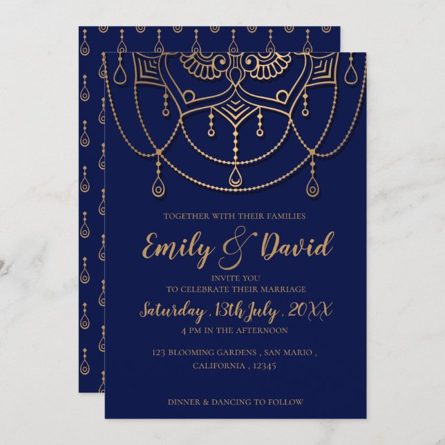 Elegant Navy Blue Gold Design Pattern Wedding Invitation (Front/Back)