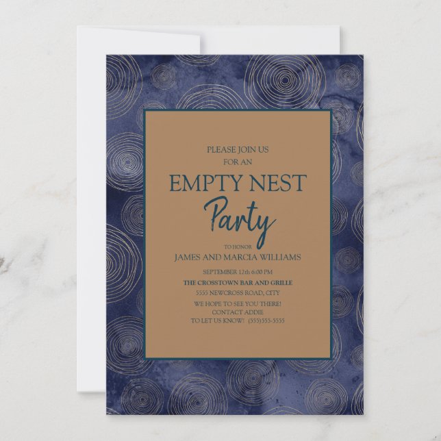 Elegant Navy Blue Gold Empty Nest Party Invitation (Front)