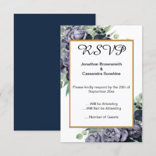 ELEGANT NAVY BLUE GOLD EUCALYPTUS ROSE RSVP INVITATION