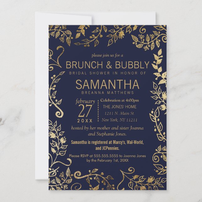Elegant Navy Blue Gold Floral Brunch Bubbly Invitation (Front)