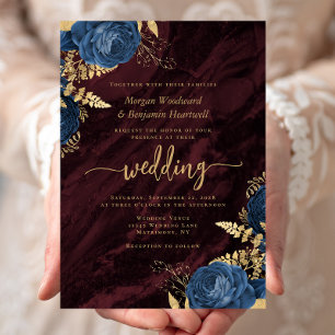 Elegant Navy Blue Gold Floral Burgundy Wedding Invitation