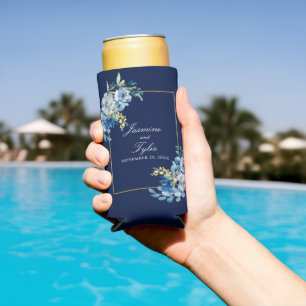 Elegant Navy Blue Gold Floral Custom Wedding Seltzer Can Cooler