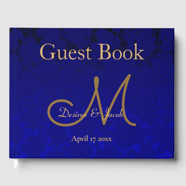 Elegant Navy Blue Gold Floral Modern Monogram Guest Book (Front)