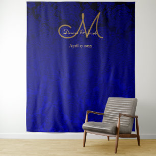 Elegant Navy Blue Gold Floral Monogram Backdrop Tapestry