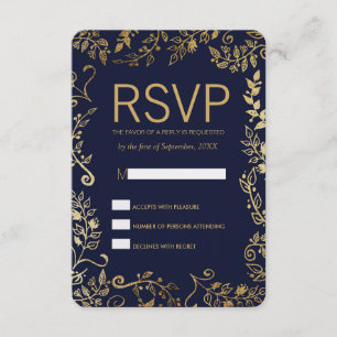 Elegant Navy Blue Gold Floral RSVP Cards