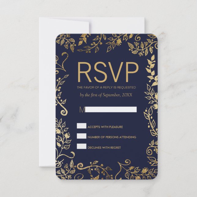 Elegant Navy Blue Gold Floral RSVP Cards (Front)