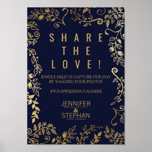 Elegant Navy Blue Gold Floral Social Media Photo Poster
