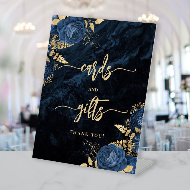 Elegant Navy Blue Gold Floral Wedding Cards Gifts Pedestal Sign (Creator Uploaded)