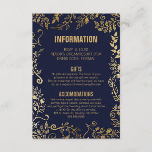 Elegant Navy Blue Gold Floral Wedding Info Enclosure Card