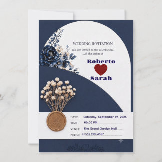 Elegant Navy Blue & Gold Floral Wedding Invitation