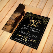 Elegant Navy Blue & Gold Floral Wedding Invitation