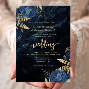 Elegant Navy Blue Gold Floral Wedding Invitation