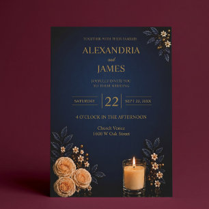 Elegant Navy Blue Gold Floral Wedding Invitation