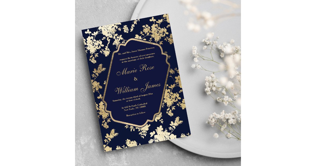 Elegant navy blue gold floral Wedding Invitation | Zazzle