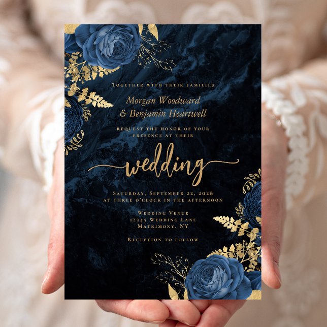 Elegant Navy Blue Gold Floral Wedding Invitation (Creator Uploaded)