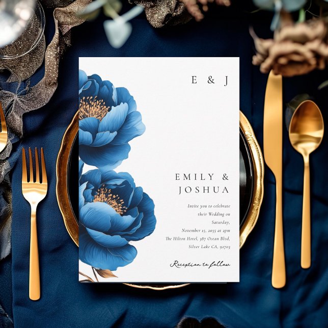 Elegant Navy Blue Gold Floral Wedding Invitation (Creator Uploaded)