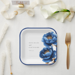 Elegant Navy Blue Gold Floral Wedding Paper Plate