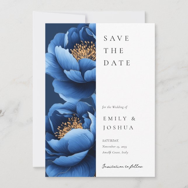 Elegant Navy Blue Gold Floral Wedding Save The Date (Front)