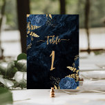Elegant Navy Blue Gold Floral Wedding Table Number<br><div class="desc">This elegant wedding table number card features blue floral bouquets set off with gold faux foil greenery in two corners,  on a background image of navy blue watercolor agate. The customisable text features the word "table" and an editable table number in gold-coloured handwriting font.</div>