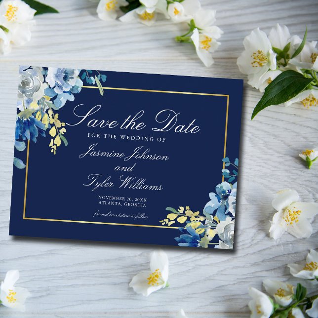 Elegant Navy Blue Gold Floral Winter Save The Date Postcard (Creator Uploaded)