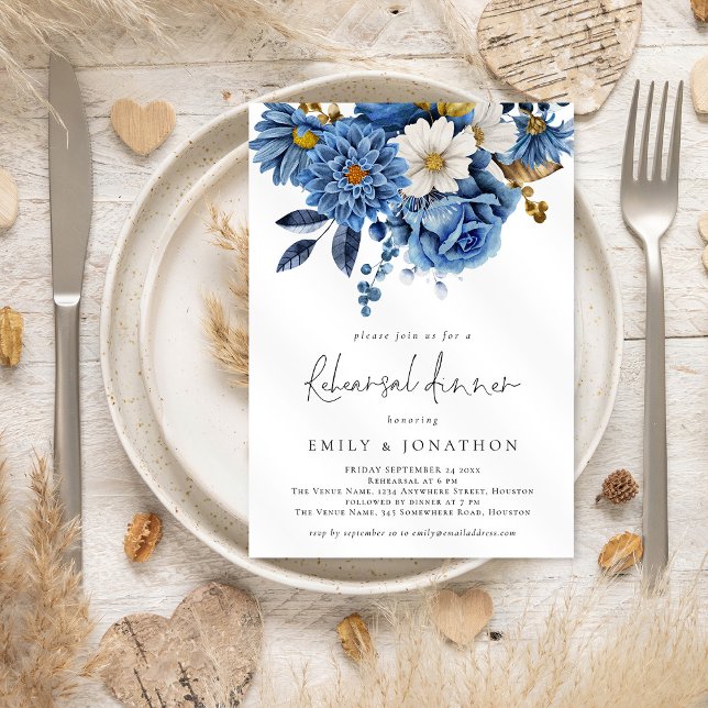 Elegant Navy Blue Gold Florals Rehearsal Dinner  Invitation (Creator Uploaded)