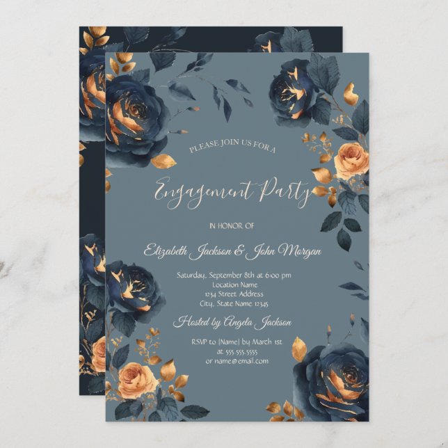 Elegant Navy Blue Gold Flowers Engagement   Invitation (Front/Back)