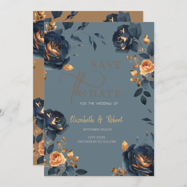 Elegant Navy Blue Gold Flowers Save The Date  (Front/Back)