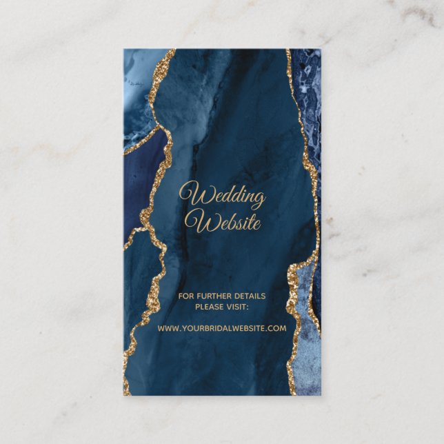 Elegant Navy Blue Gold Foil Agate Wedding Website Enclosure Card (Front)