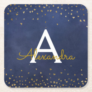 Elegant Navy Blue - Gold Foil Confetti Monogram Square Paper Coaster