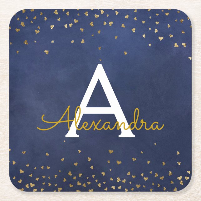 Elegant Navy Blue - Gold Foil Confetti Monogram Square Paper Coaster
