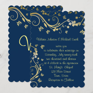 Elegant, Navy Blue, Gold Foil, Wedding Invitation