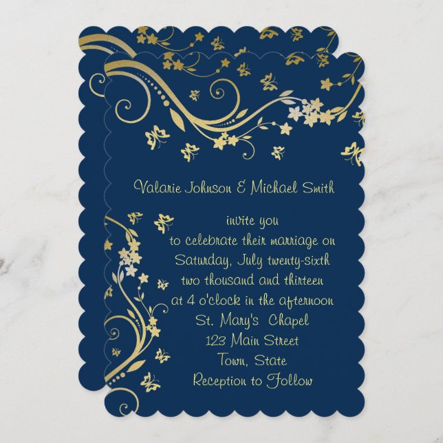 Elegant, Navy Blue, Gold Foil, Wedding Invitation (Front/Back)