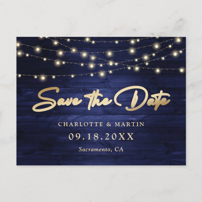 Elegant Navy Blue Gold Foil Wood Save The Date Announcement Postcard (Front)