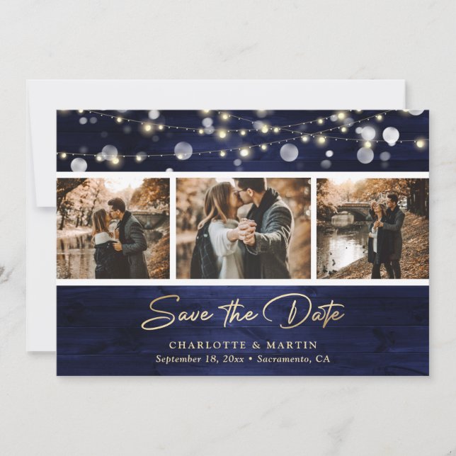 Elegant Navy Blue Gold Foil Wood Wedding Photo Save The Date (Front)