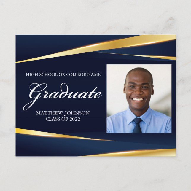 Elegant Navy Blue Gold Formal Photo Graduation Postcard (Front)