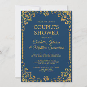 Elegant Navy Blue Gold Frame Engagement Party Invitation