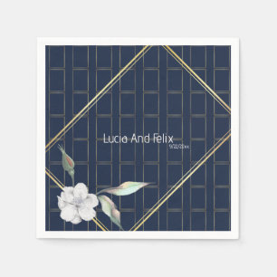 Elegant Navy Blue Gold Frame Mini Floral Wedding Napkin