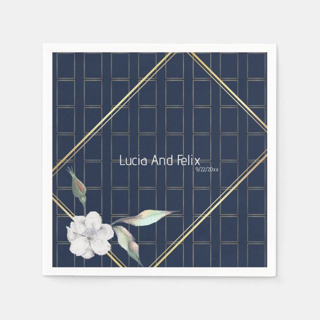 Elegant Navy Blue Gold Frame Mini Floral Wedding Napkin (Front)
