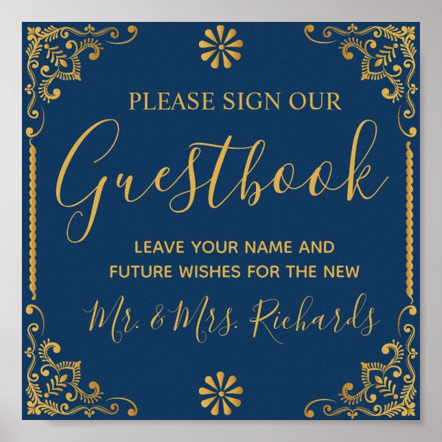 Elegant Navy Blue Gold Frame Wedding Guestbook (Front)