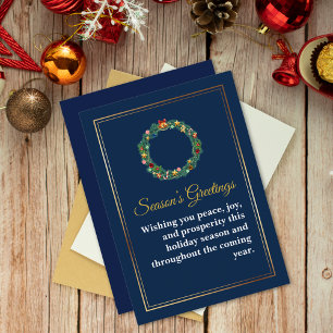Elegant Navy Blue Gold Frame Wreath Professional  Holiday Card