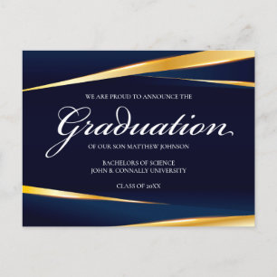 Elegant Navy Blue Gold Geometric Formal Graduation Postcard