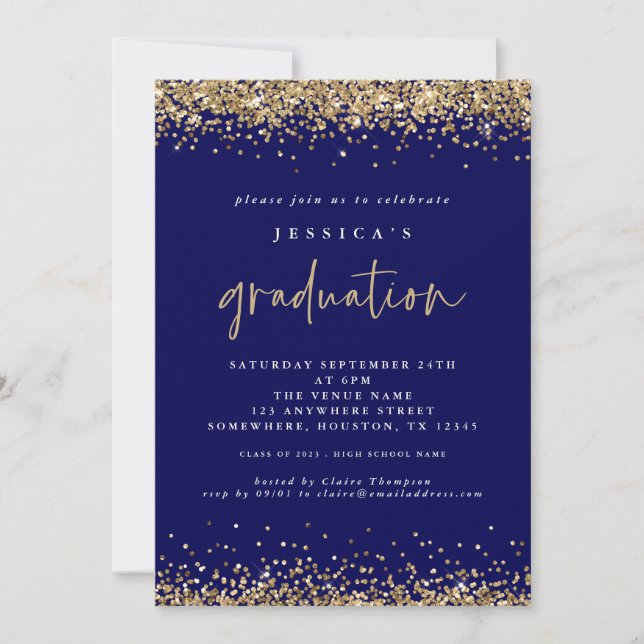 Elegant Navy Blue Gold Glitter 2024 Graduation Invitation (Front)