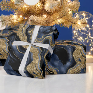 Elegant Navy Blue & Gold Glitter Agate Birthday Wrapping Paper