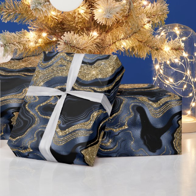 Elegant Navy Blue & Gold Glitter Agate Birthday Wrapping Paper (Holidays)