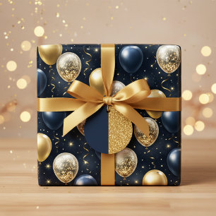 Elegant Navy Blue & Gold Glitter Balloons Birthday Wrapping Paper