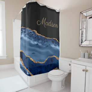Elegant Navy Blue Gold Glitter Marble Agate  Showe Shower Curtain